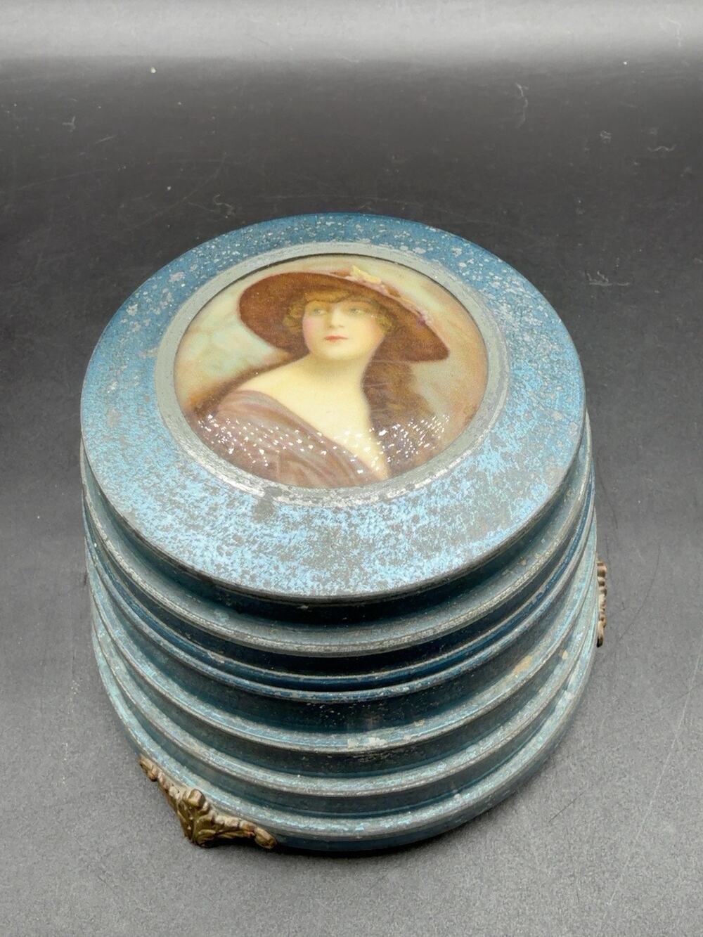 Vintage Musical Powder Puff Box Blue Lady Portrait Beehive Wind Up Music Plays